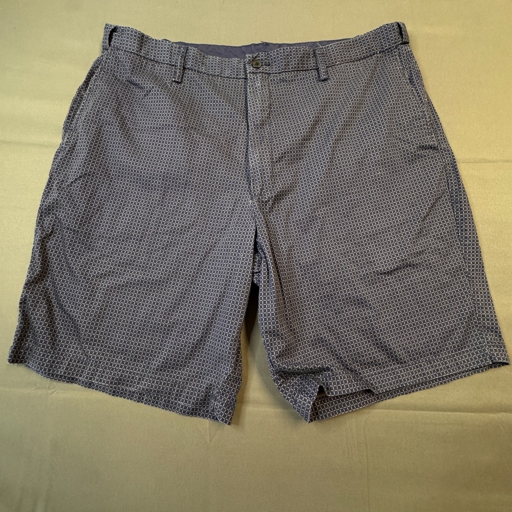 Claiborne Mens 44 Navy Blue‎ Geometric Grid Print Cotton Stretch Chino Shorts
